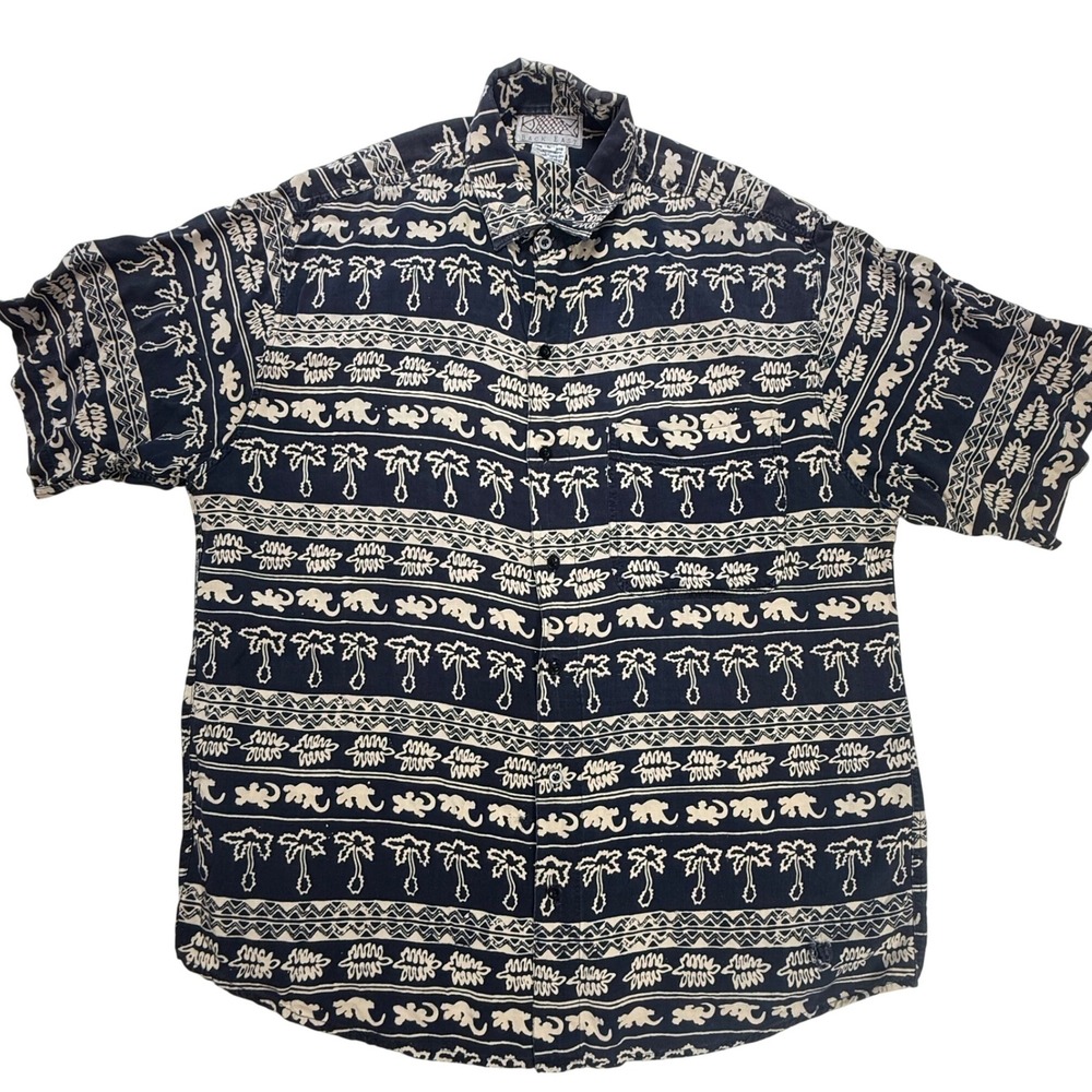 Back East Santa Barbara Mens Large Rayon Tribal Palm Tree Gecko ButtonDown Shirt